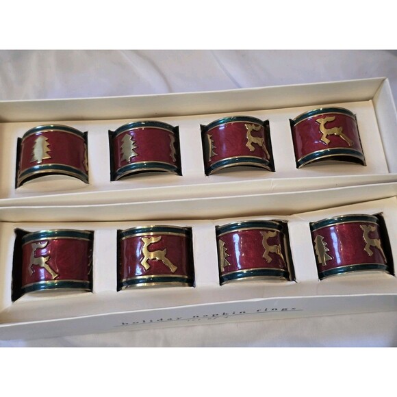 Set of 8 Pier 1 Red Green Brass Enamel Tree Deer Napkin Rings Christmas Holiday - Picture 5 of 6